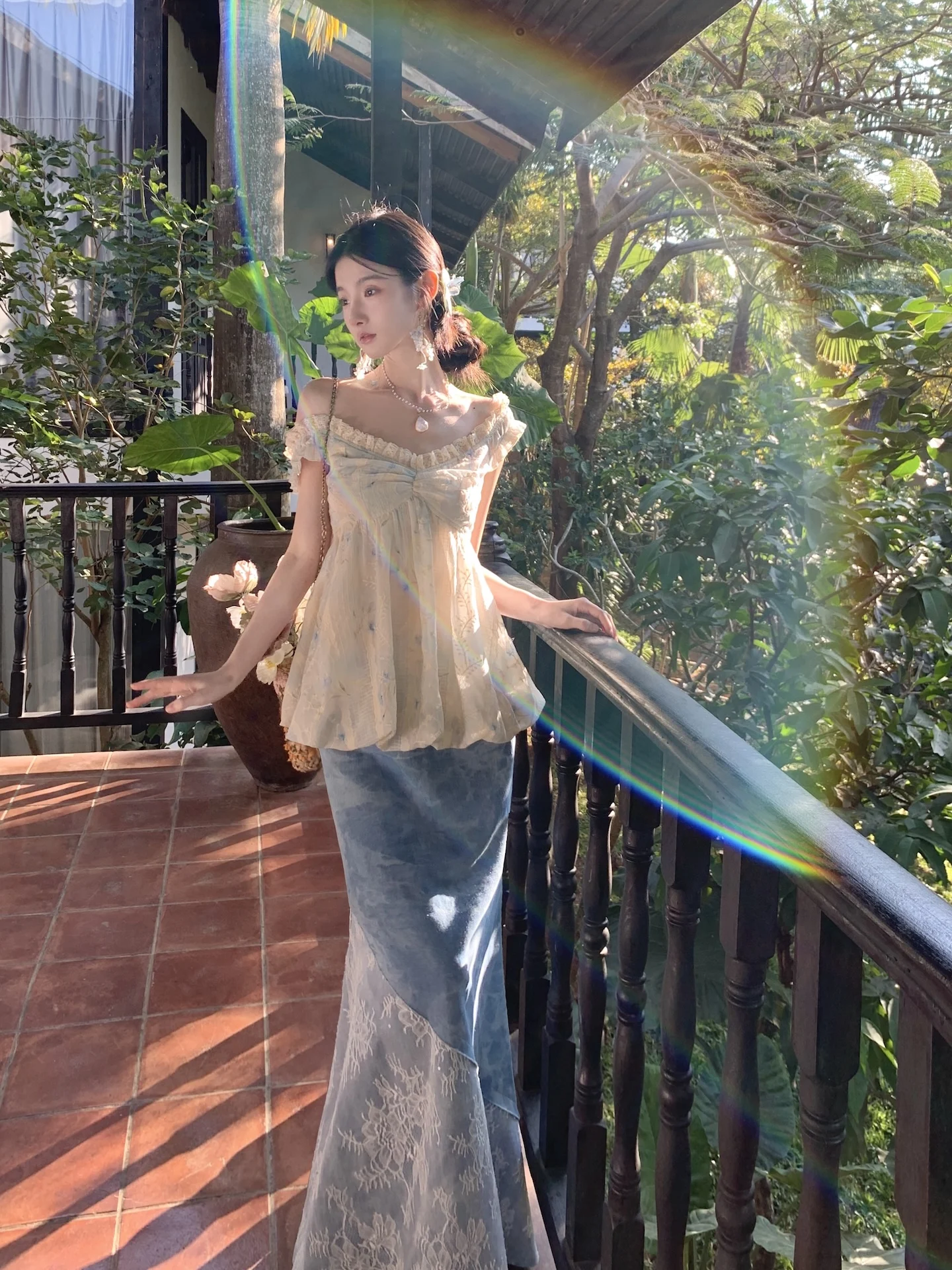 

Walkink Lace Fi Tail Skirt Set ort Sve Bloom Print Two-Way Wear Floral Embellied Top And f Skirt Women's Fai...