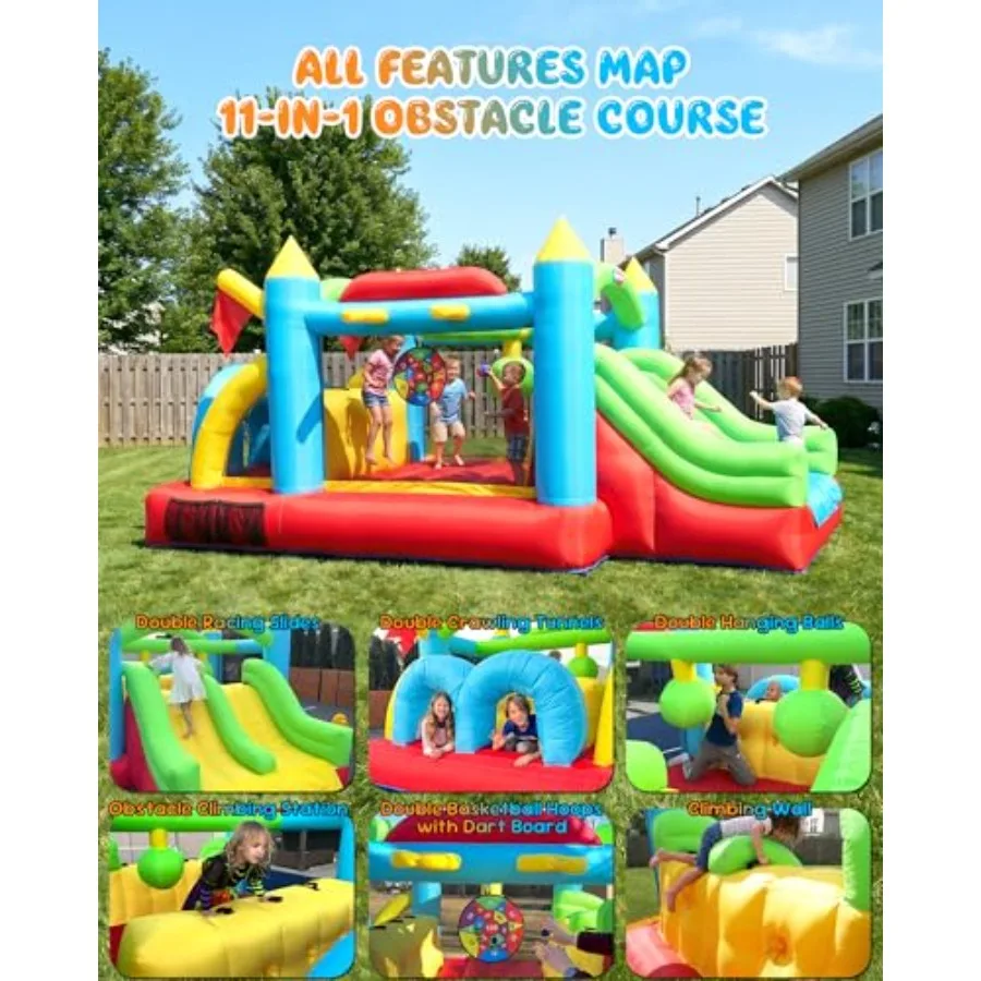 Backyard party inflatable bounce house obstacle course, PVC material, blue and red, 11-in-1 design with double racing slides, c