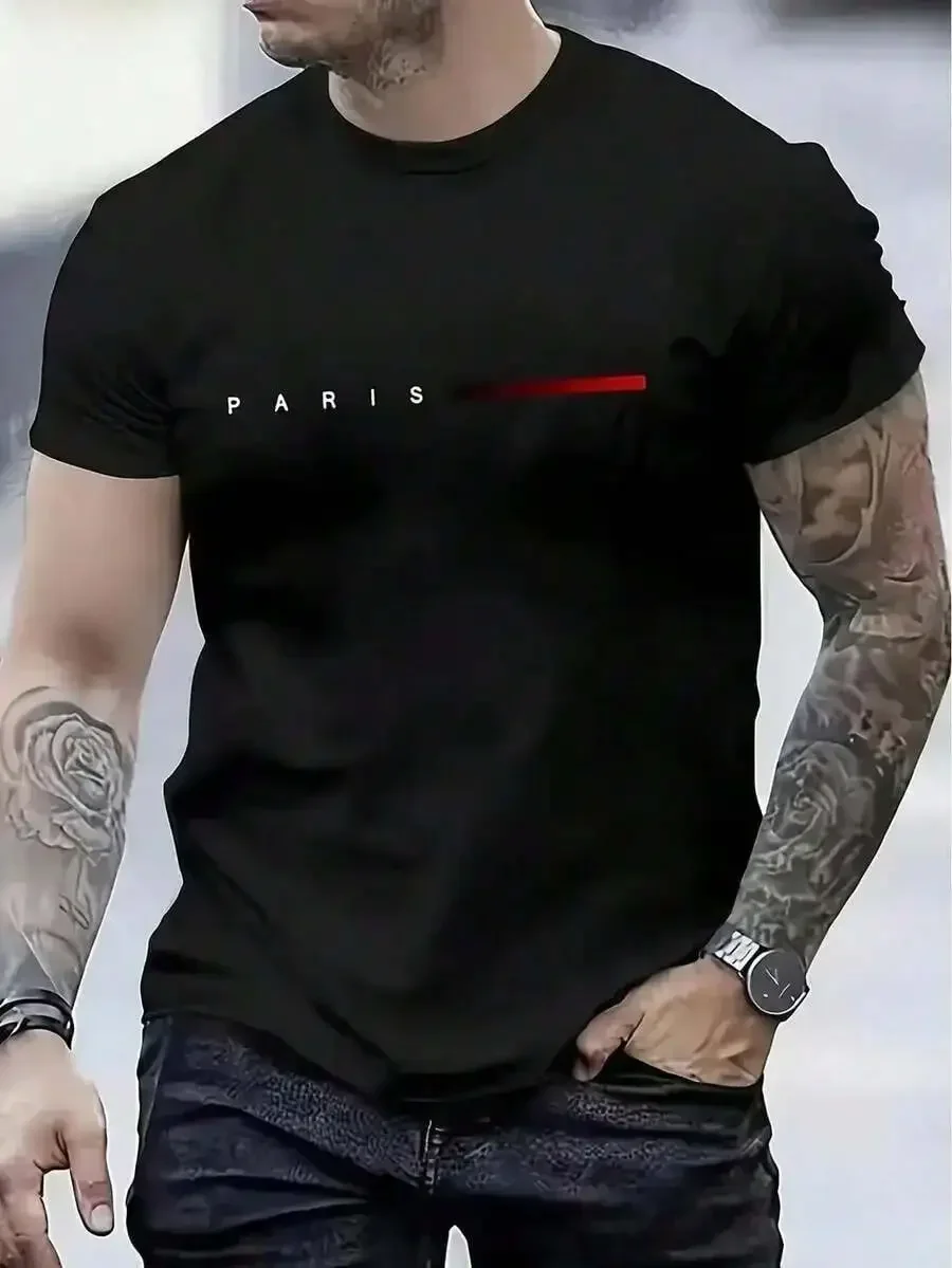 Casual Short-Sleeved T-Shirt With Round Neck, Simple Line Print And Paris Text, Retro Fashion For Men, Suitable For All Seasons