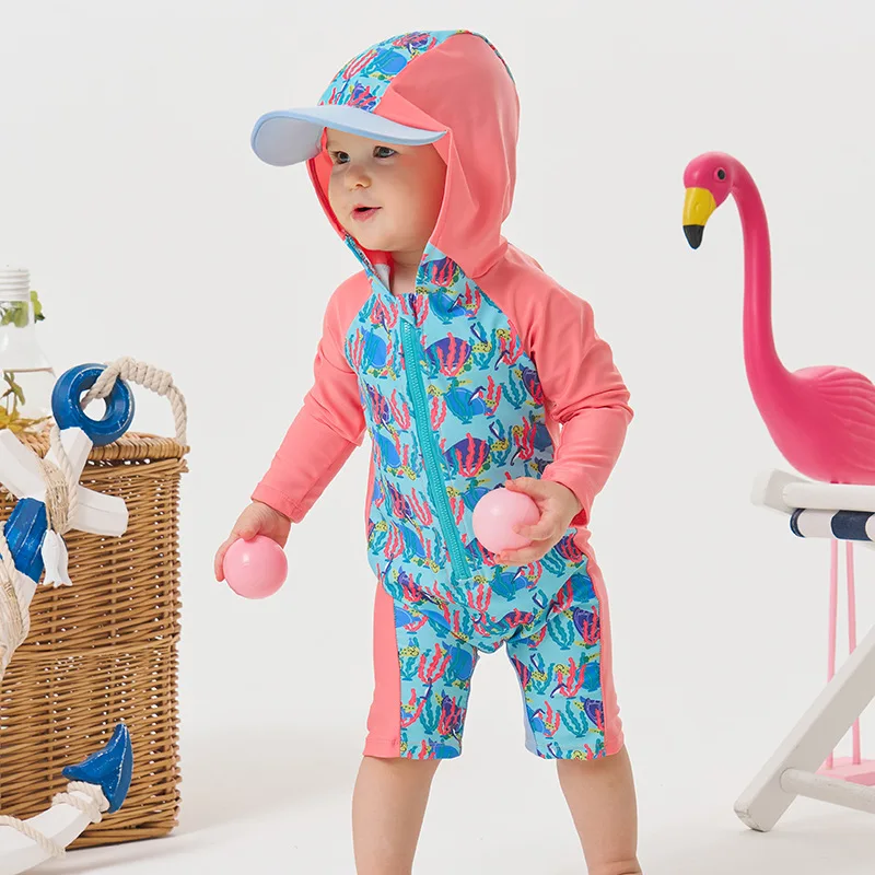 Boys Girls One-piece Swimsuit Kids Cartoon Print Long Sleeve Hooded Sun-protective Quick-dry Surfing Bathing Suit Baby Swimwear