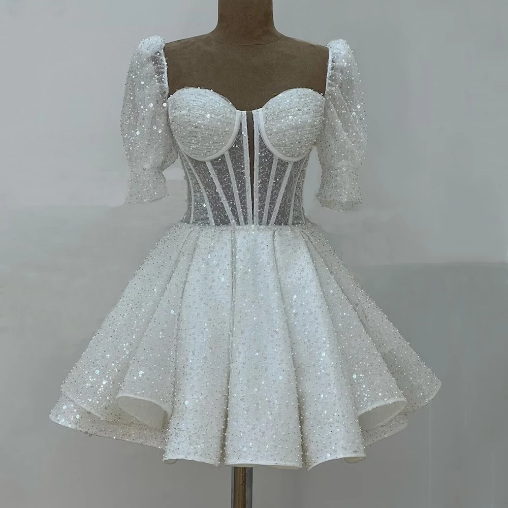 Mini Robe de Mariée Sexy à Manches Courtes Bouffantes, Col en Cœur, Paillettes, Perles, Au-dessus du Genou, Ligne A, Éducative