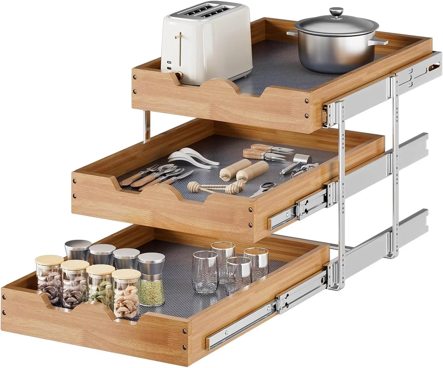 

Pull Out Cabinet Drawer 17" W x 21" D, 3 Tier Pull Out Cabinet Organizer, Heavy-Duty Slide Out Drawer for Cabinets