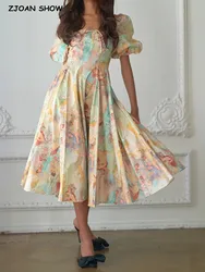 Princess Summer Beauty Girl Print Slim Waist Dress Puff Sleeve Retro Women Swing Midi Dresses Fairy Holiday Robe Vestidos