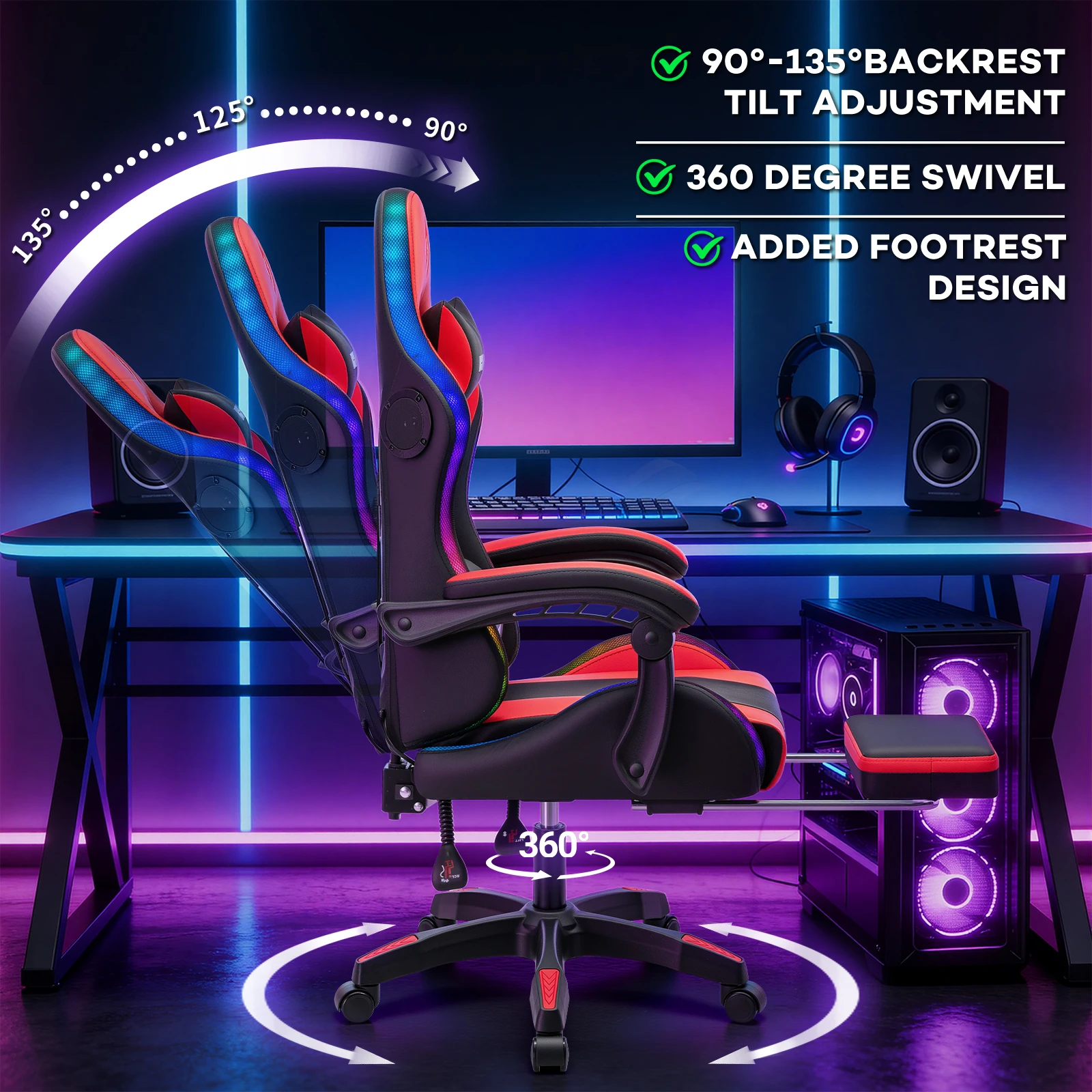 Silla de Oficina Ergonómica para Juegos con Luces LED RGB de Ritmo Musical, Altavoces Inalámbricos, Reposapiés Integrado y Funciones de Masaje, Soporta hasta 400 libras