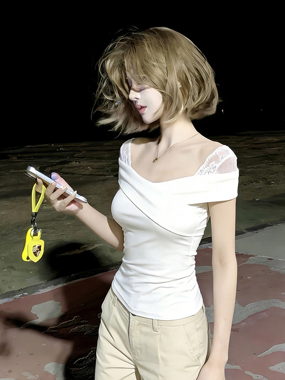 

Женская футболка Slim Fit с коротким рукавом, летняя новинка, красивая базовая модель, дизайн в стиле «Spicy Girl», французский стиль, полиэстер F...