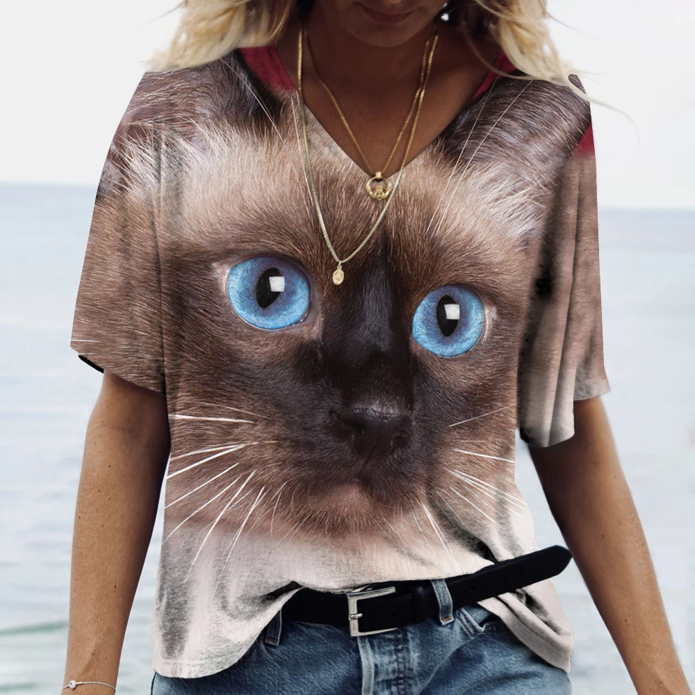 Fashion Animal Cat 3D Print T-shirts Women\'s T Shirt V-Neck Oversized Female Tees Tops Summer Streetwear Harajuku Y2k Clothes