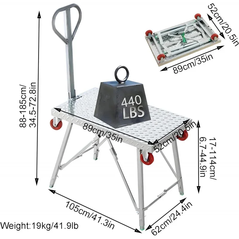 Folding Work Platform with Handle, Multifunctional Scaffolding Ladder with 4 Wheels, Scaffold Work Bench Equipment, Heavy Duty