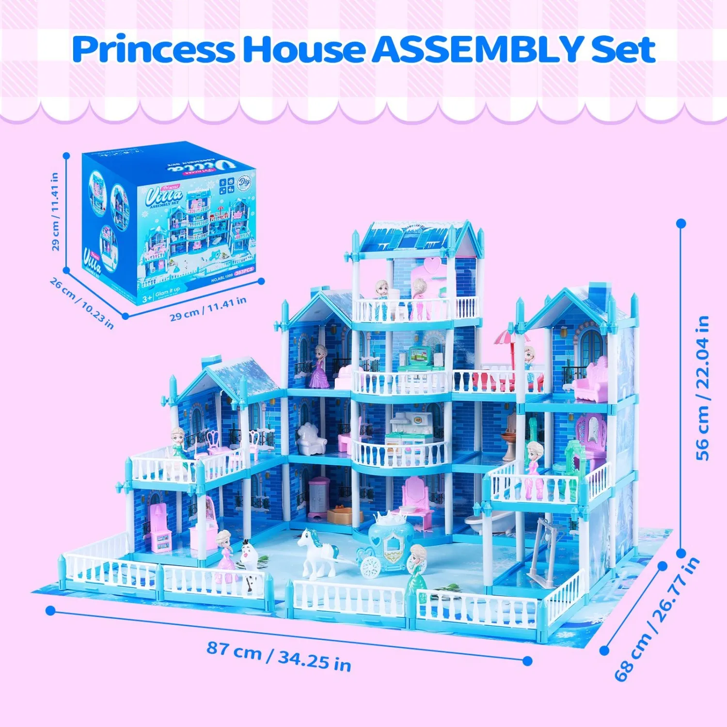 Blue Princess Dollhouse for Kids, 16-Room Portable Playset with Lights, Furniture & Accessories, Creative Role-Play Toy​