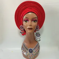 Red Headtie Gele Nigerian African Hat alread Made Auto Gele With Necklace Earrings Set For Wedding Party XM223-1