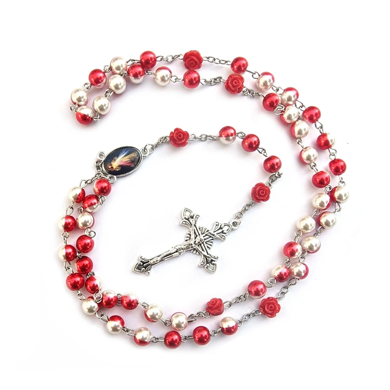 Red White Glass Pearl Cross Rosary Necklace Rose Beads Long Cross Pendant Catholic Jewelry