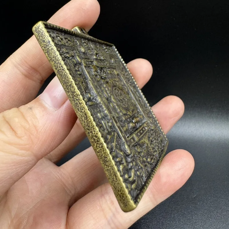 Antique-Style Nine-Eight-Trigram Pendant Engraved With Buddhist Motifs, Brass Square Hanging Ornament
