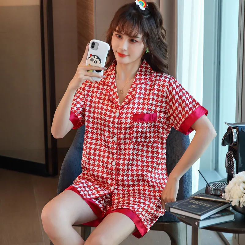 

Summer Women's Thin Imitation Silk Pajamas V-Neck Short Sleeve Cardigan Comfortable Home Clothing Set Cartoon Cute Sleepwear