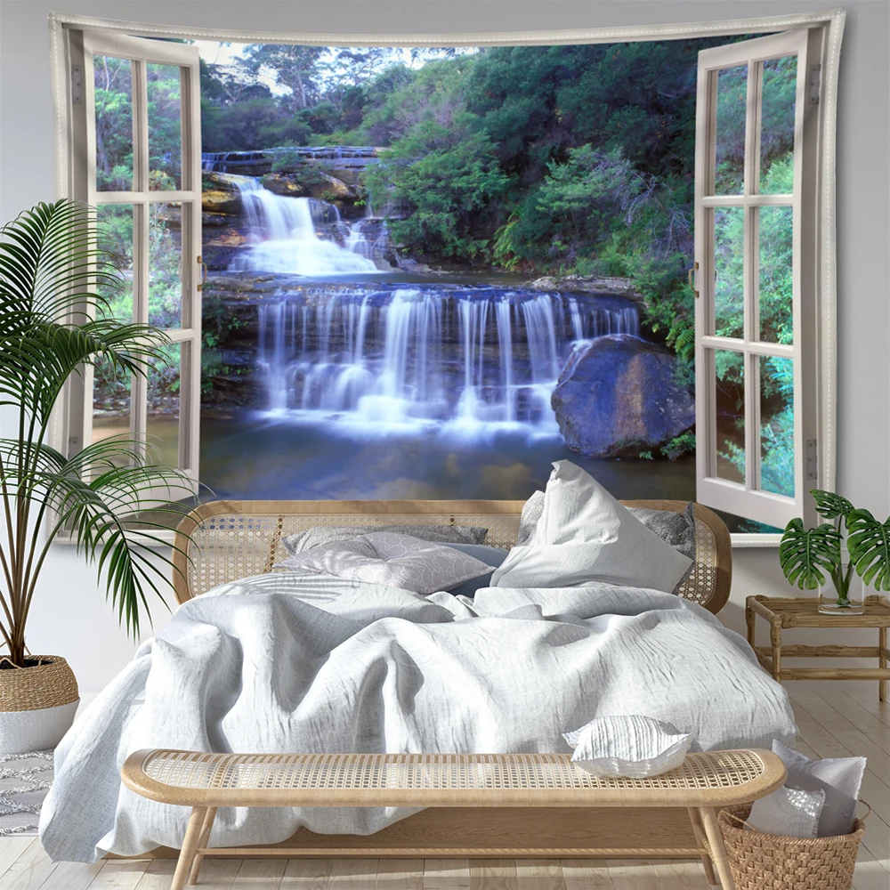 Imitation Window Waterfall River Landscape Printing Tapestry Simple Style Decoration Tapestry Wall Hanging Art Wall Hanging Deco