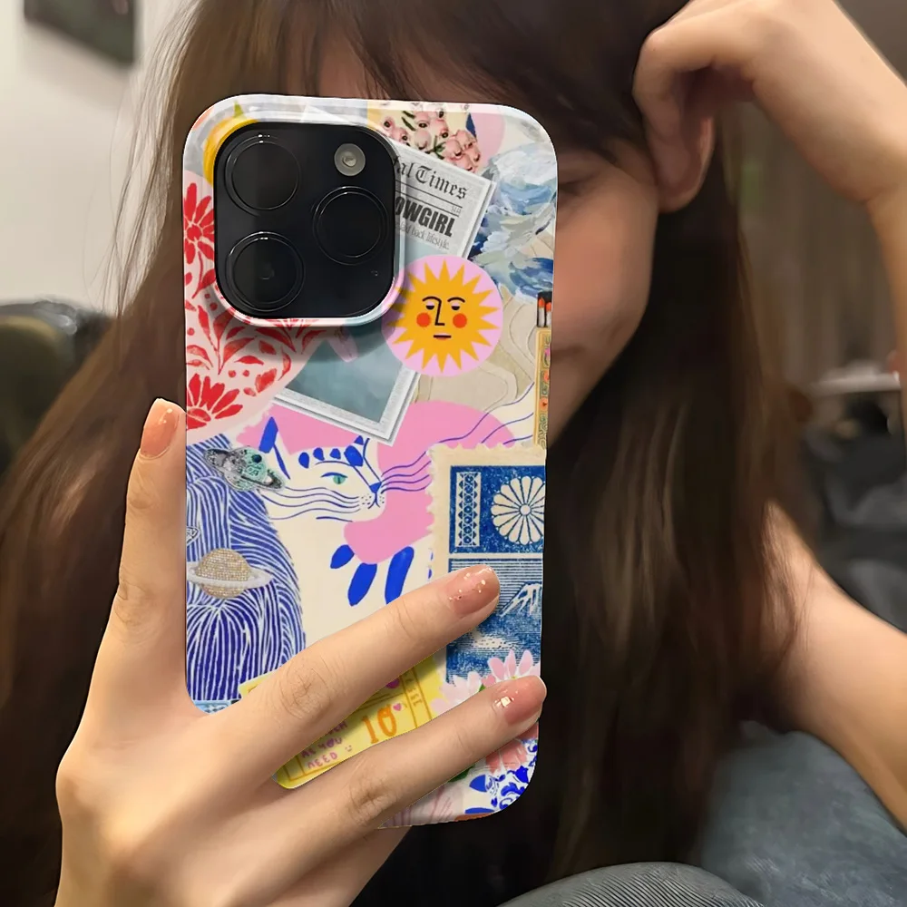 Vintage Cat Sun Flower Phone Case for iPhone 17 16 15 14 13 12 11 Air Pro Max X XS XR XSMax 7 8 Plus Glossy Film Hard PC Cover