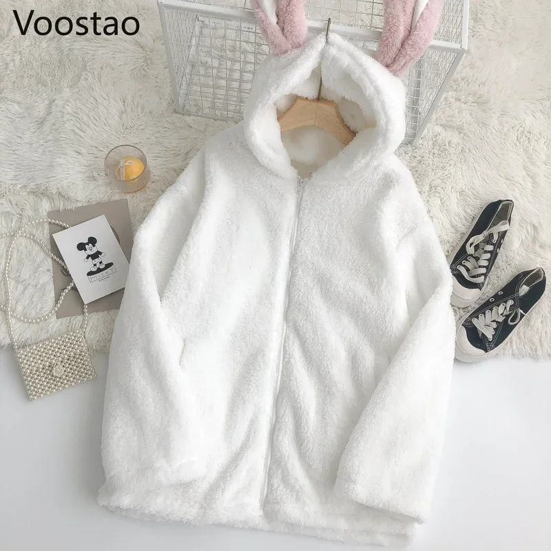 Autumn Winter Women Rabbit Ears Hooded Jacket Sweet Cute Plush Bunny Thick Warm Sweatshirts Girly Harajuku Loose Hoodies Coats