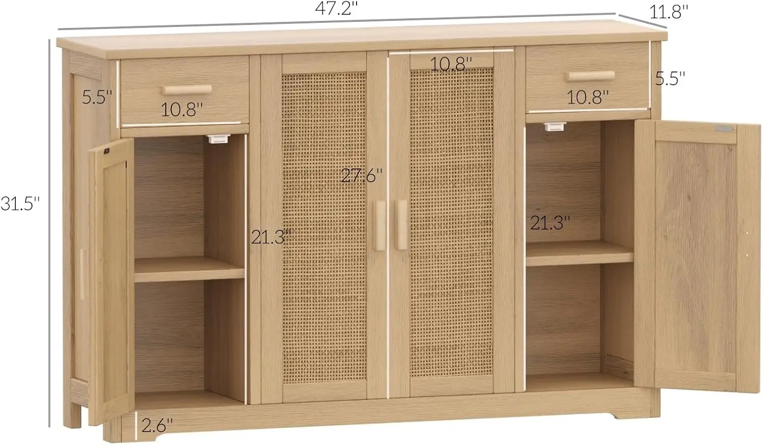 Rattan Sideboard, Storage Cabinet with Rattan Doors & Adjustable Shelves, Farmhouse Buffet Cabinet & 2 Drawers, Coffee Bar, Acce