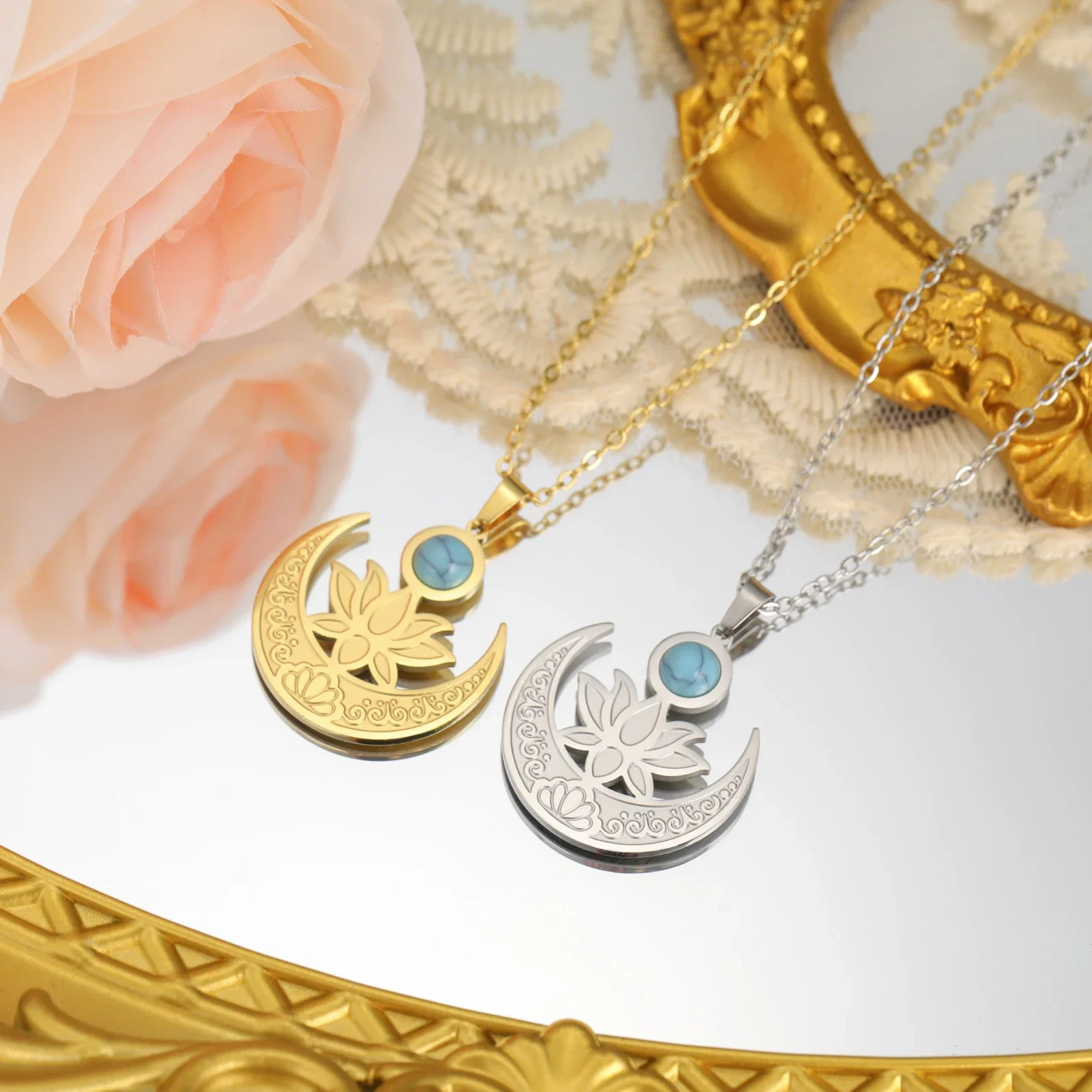 Skyrim Lotus Flower Crescent Moon Turquoise Pendant Necklaces Women Stainless Steel Amulet Buddhist Jewelry Birthday Gift