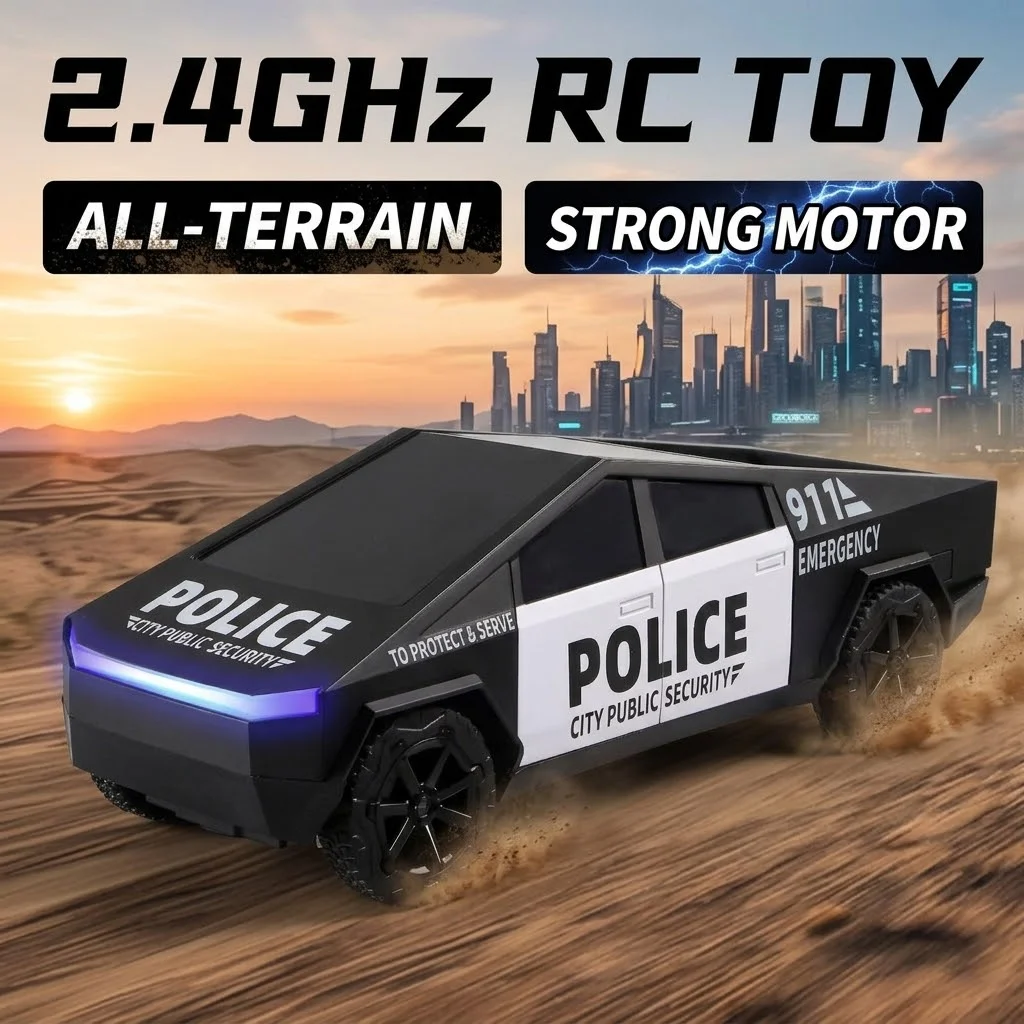 2.4G Remote Control Cyber Pickup Truck, RC Police Car with LED Lights, Rechargeable Off Road Racing Vehicle Toy for Boys Gifts