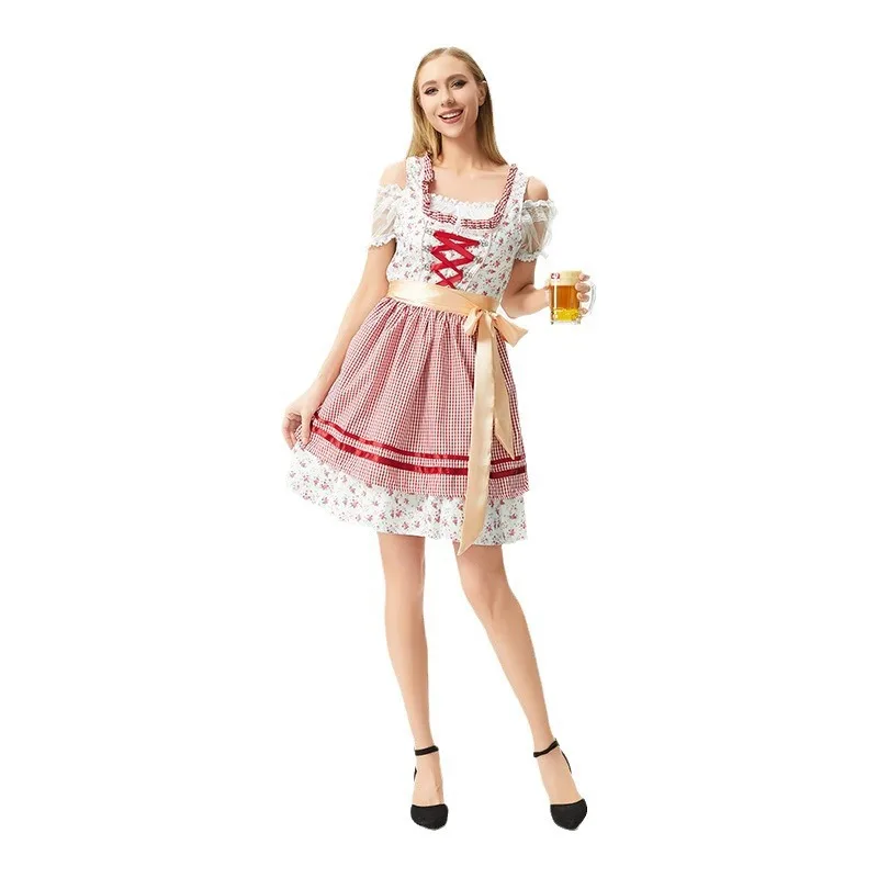 Oktoberfest Carnival Costume German Red Floral Pattern Party Dress