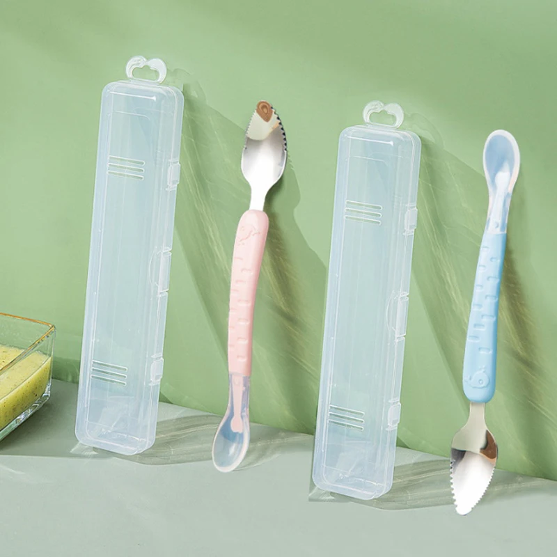 

Двуглавая ложка для скребков для детских фруктов, нержавеющая сталь 304, силиконовая мягкая ложка, дополнительная кормушка для еды