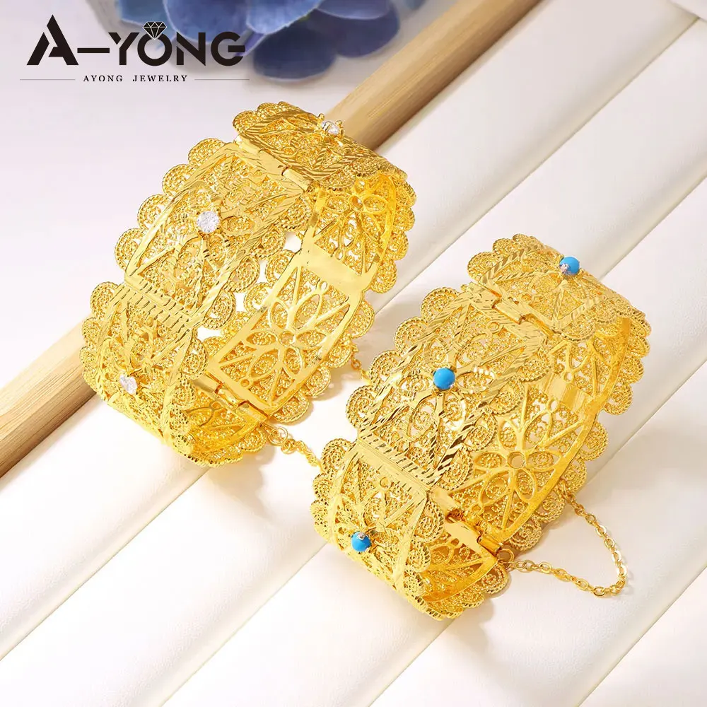 

Algeria Bridal Wedding Bangles 21k Gold Plated Dubai Fashion Arabesque Bracelet Nigeria Women Vintage Party Jewelry