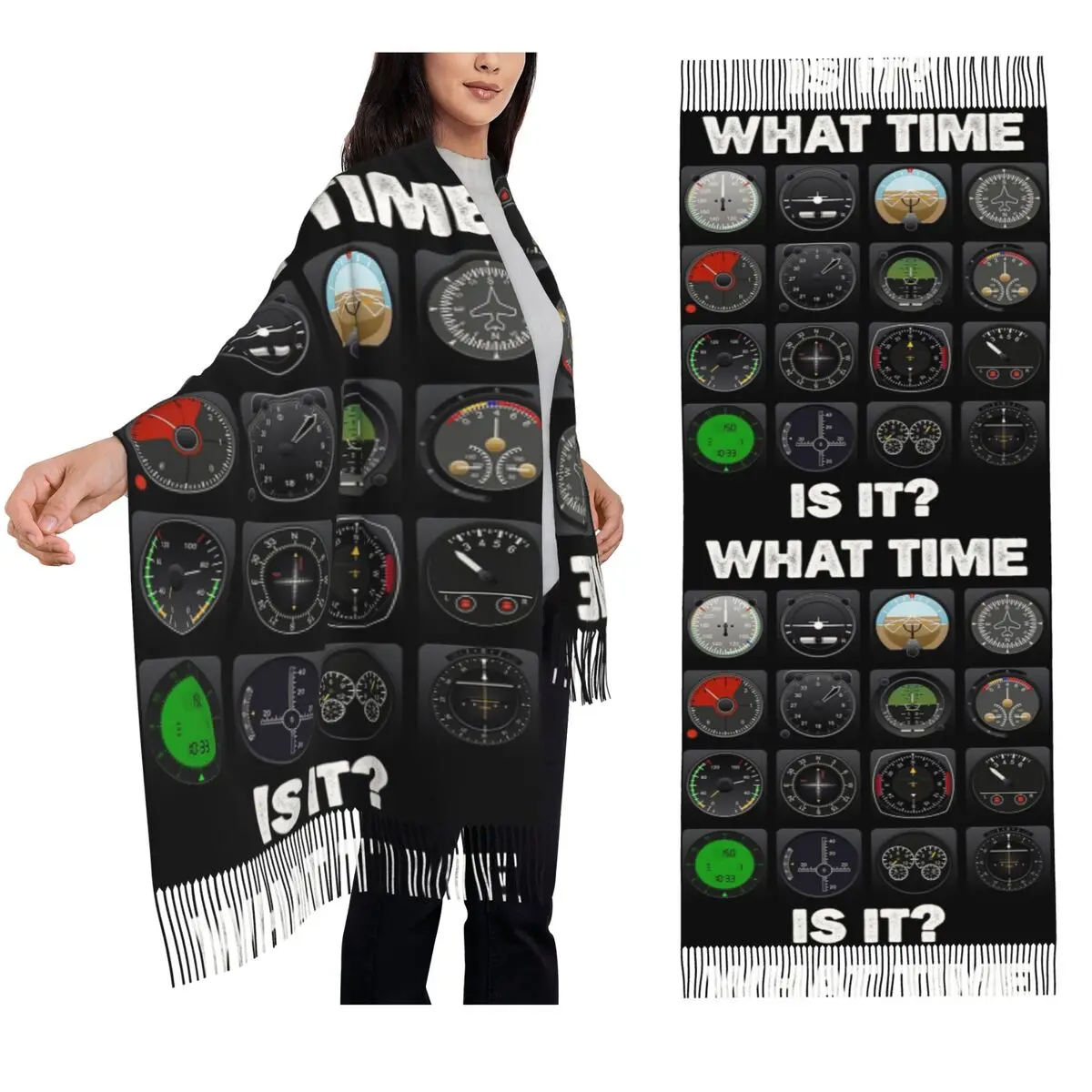 

What Time Is It Flight Instruments Scarf Tassel Scarves Women Soft Warm Shawls and Wraps Large Fall Winter Shawl Wrap