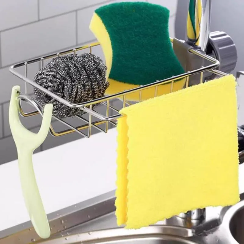 Abwaschbecken-Abtropfgestell aus Edelstahl, abnehmbarer Handtuchhalter, Küchen-Aufbewahrungsbox (geeignet für Seifenbürste, Spüllappen)