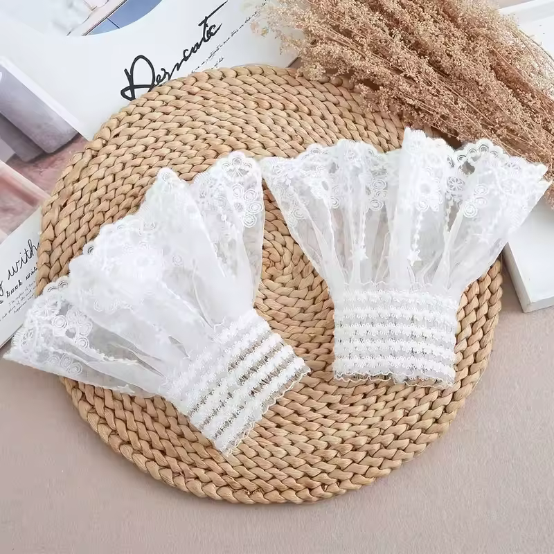 1Pair Detachable Cuffs Lace Flower Mesh Fake Flared Sleeves Double Layer Pleated Ruched False Cuffs Sweater Blouse Wrist Warmers - Image 5
