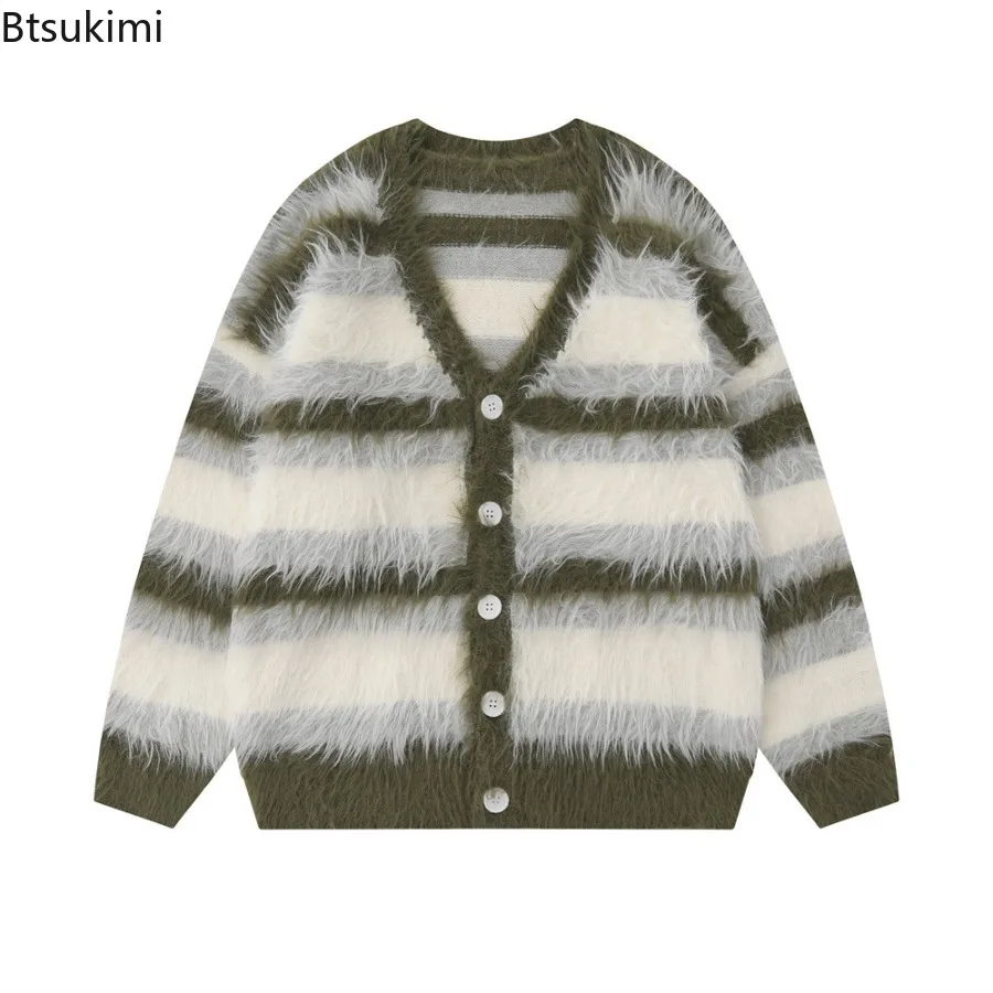

Striped Plush V-neck Sweater Men's Autumn Winter Loose Casual Brushed Knit Coat Trendy Versatile Comfortable Harajuku Cardigan