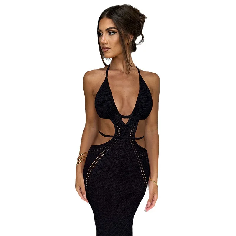 Sexy Hot Girls Slim Knitted Halter Neck Long Dresses Women Solid Color Low Cut Backless Hollow Out Package Hip Dress Streetwear