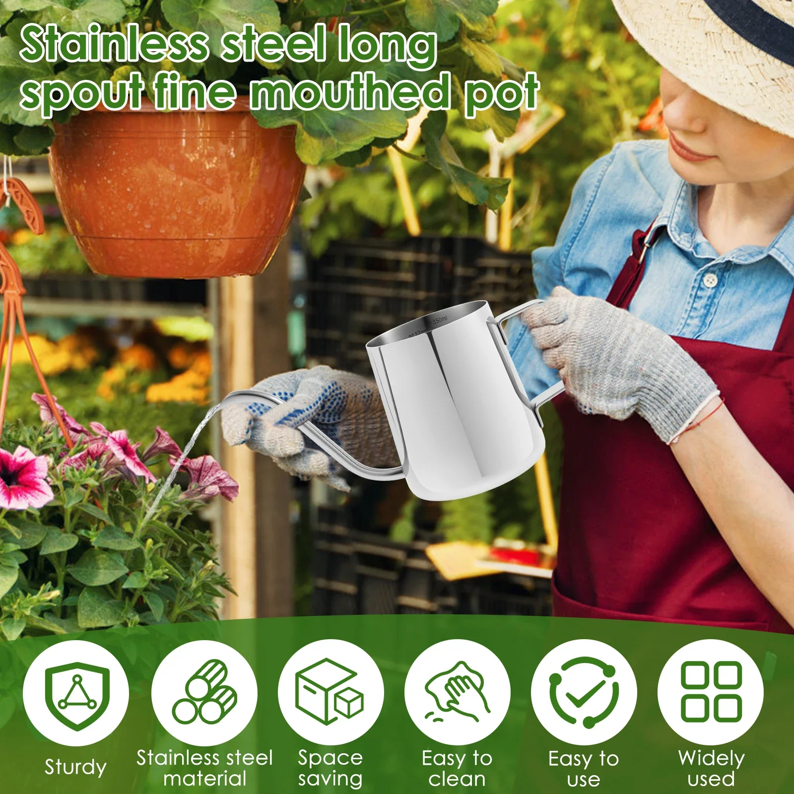 350ML Watering Can Stainless Steel Long Spout Kettle Nordic Garden Flower Pot for Indoor Outdoor Bonsai Plants Gardening Shower