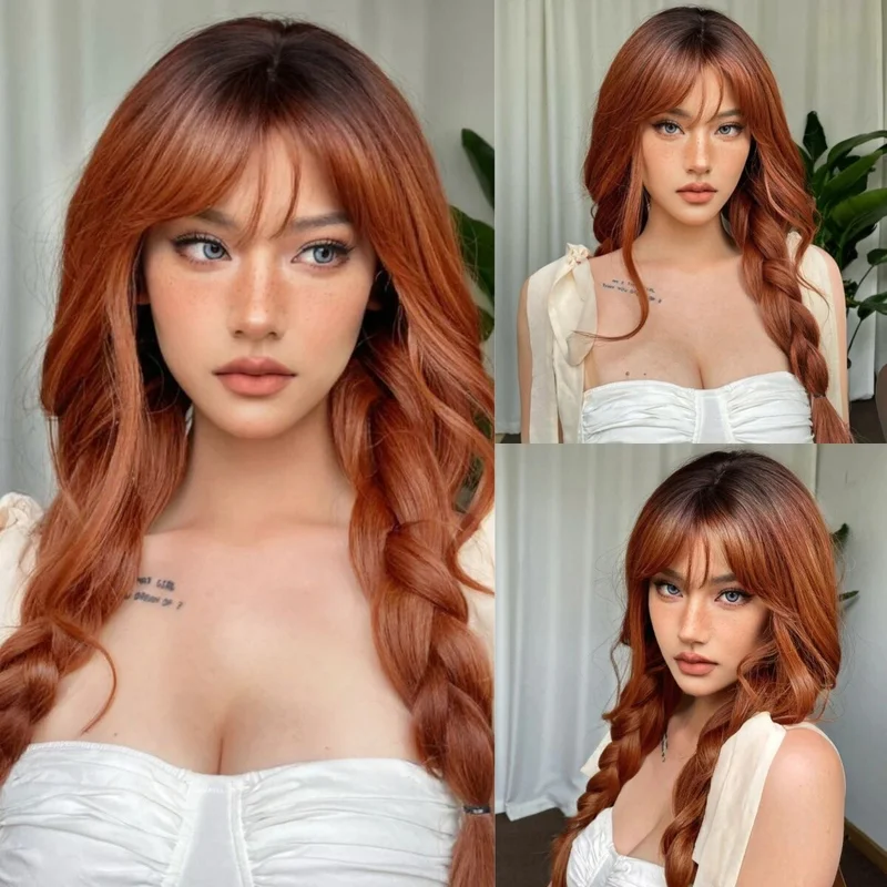 

Lolita Brown Hairs Long Auburn Synthetic Bangs Copper Ginger Straight Wig