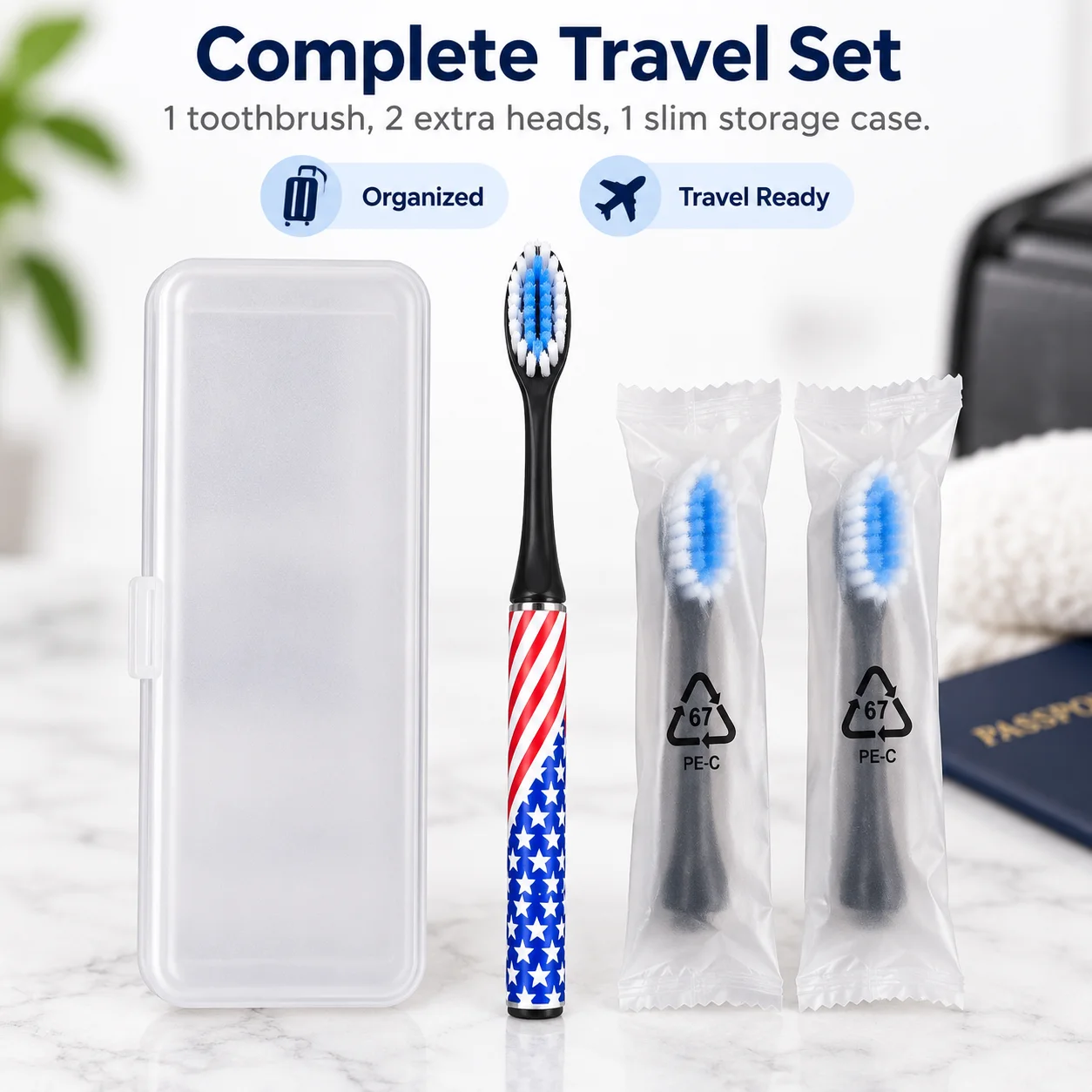Manual Travel Toothbrush Set with Storage Case - Includes 2 Random Replacement Brush Heads Compact Portable Design for Travel Dormitory & Camping
