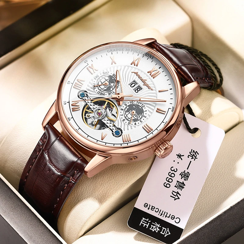 

POEDAGAR Top Brand Tourbillon Mechanical Watch for Men Leather Waterproof Business Mens Watches Fashion Automatic Wristwatches