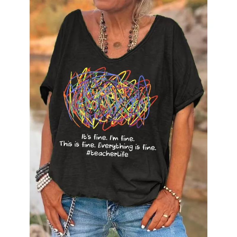 ilstile Women's Mental Health Print T-Shirts Summer Short Sleeve T Shirt Casual Loose V Neck Tops Tees Black White NEW
