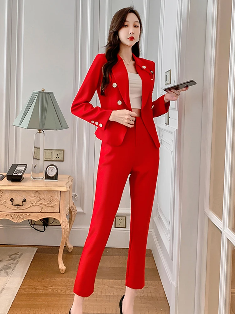 Fashion Office 2 Pieces Sets Women Red Notched Collar Slim Double Breasted Jacket Ankle-Length Pencil Pants Femme Formal Suits