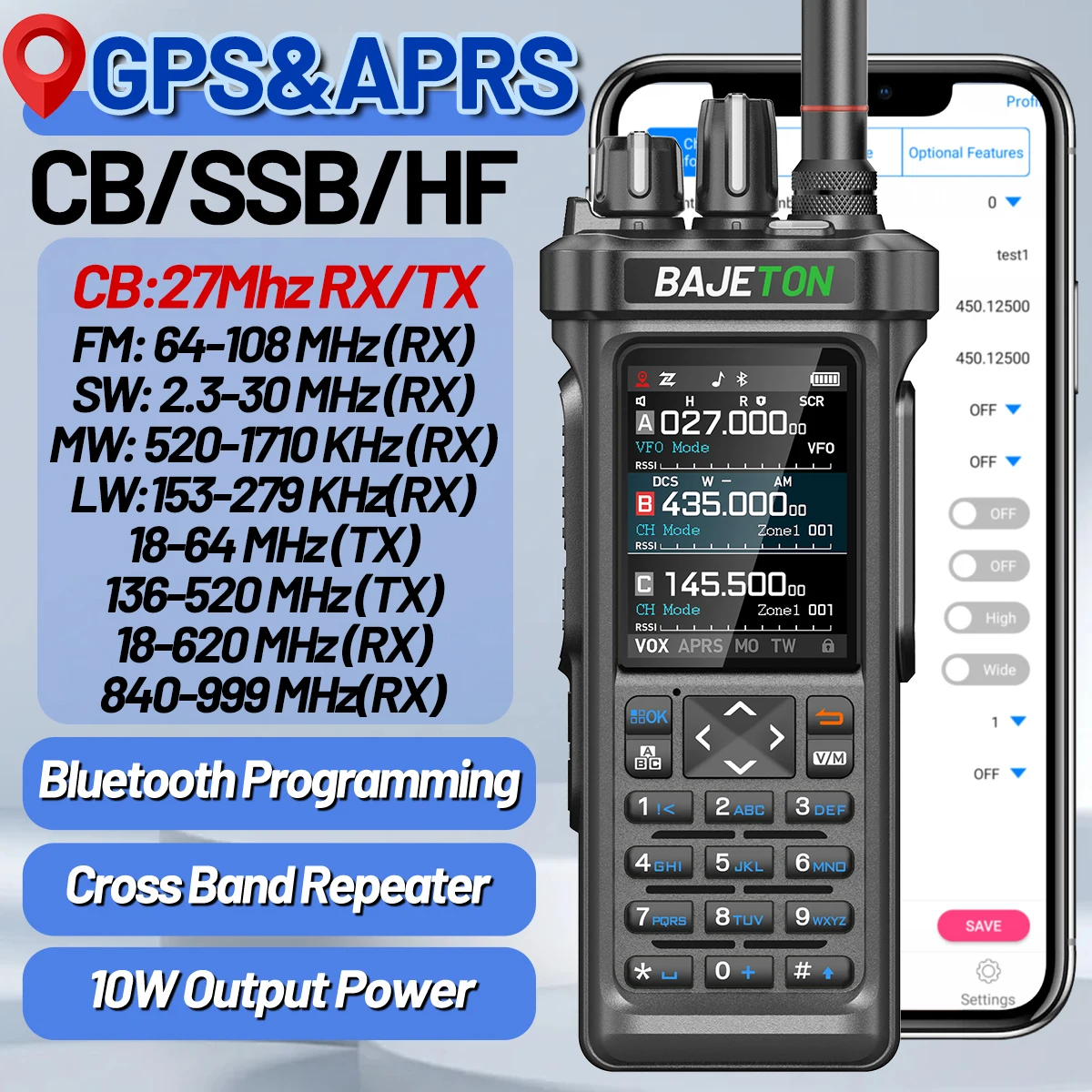 BAJETON BJ-9000 GPS APRS أجهزة اتصال لاسلكية 10 واط CB 27 ميجا هرتز SW MW LW AM تلقي برمجة بلوتوث NOAA VOX راديو الموجة القصيرة RT-950