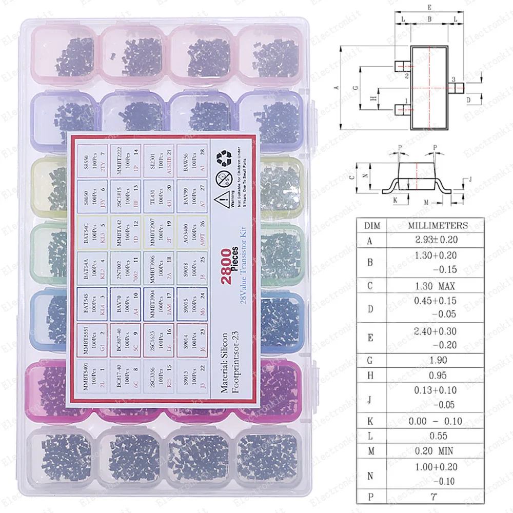 Transistor à puce SMD, WieshammKit, 2N2222, S8050, S8550, S9014, S9015, S9018, TL431, C1815, A42, 2N7002, 2SC1623, SI2301, 28 valeurs, 2800 pièces