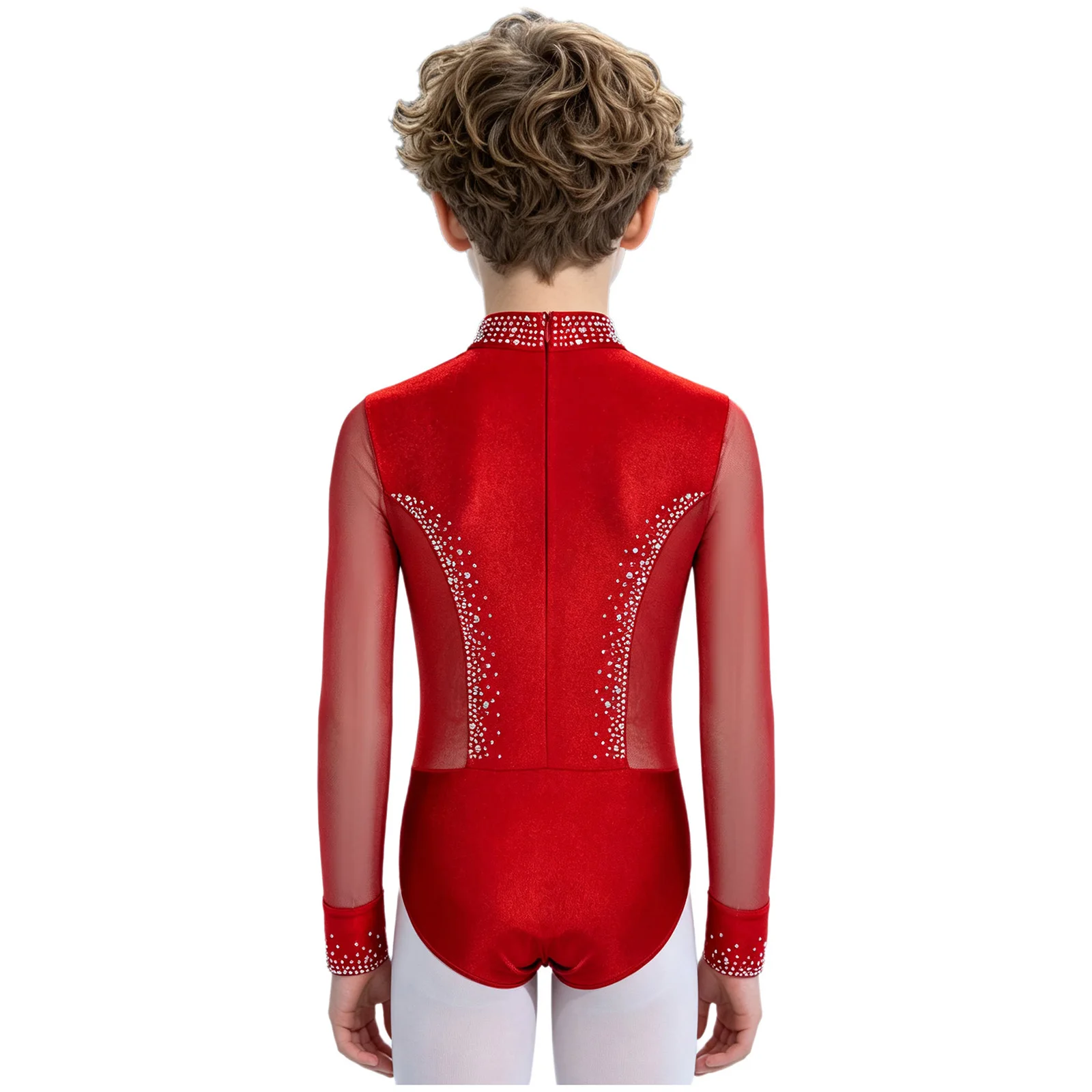 Kinder Jungen Strass-Bodysuit Jumpsuit Langarm Mesh-Bodysuit Gymnastik Ballett Trikot Eiskunstlauf Auftritts-Kostüm – Detail 5