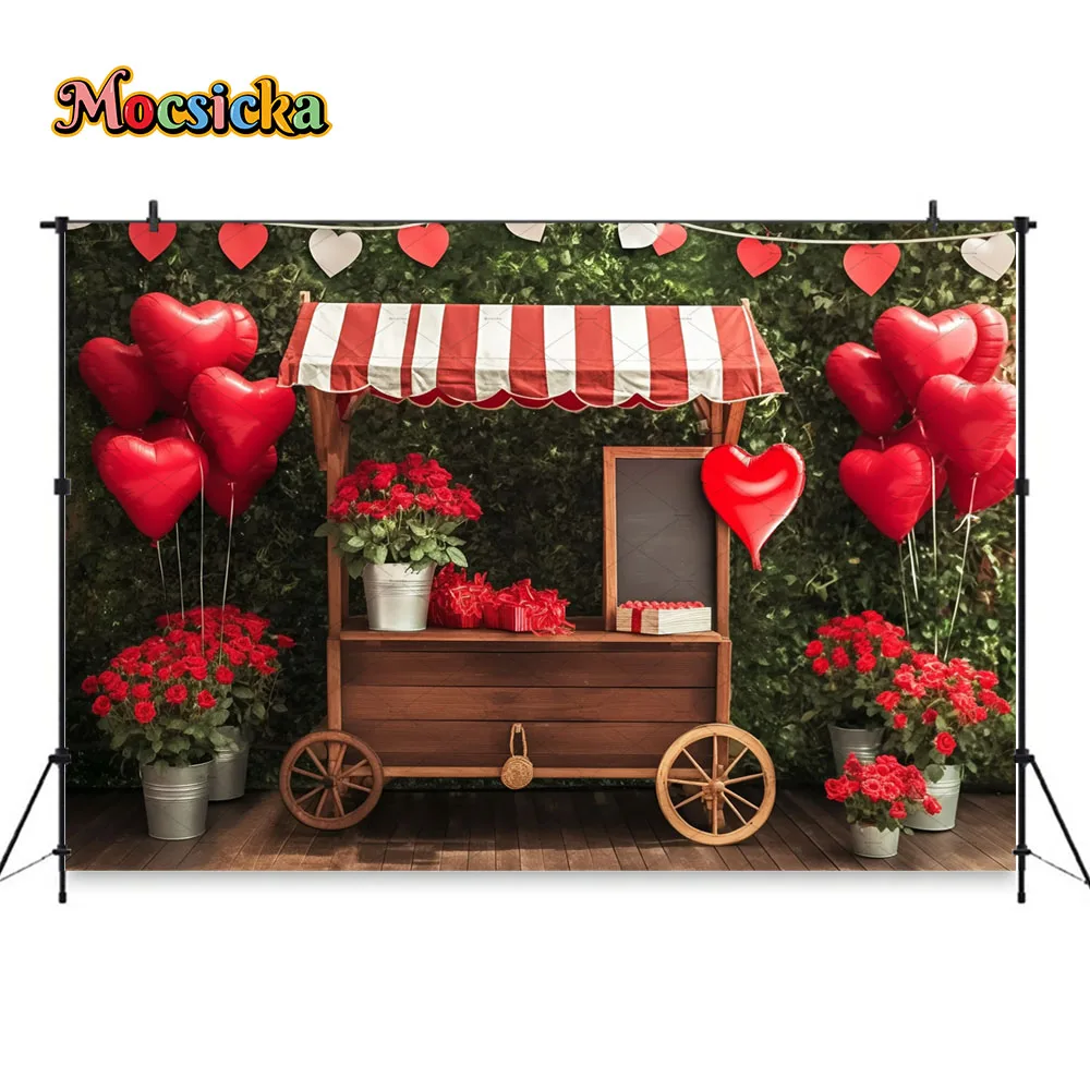 Valentine's Day Background Love Balloon Decor Rose Cart Green Leaf Backdrop Girl Spring Birthday Cake Smash Photo Studio Prop