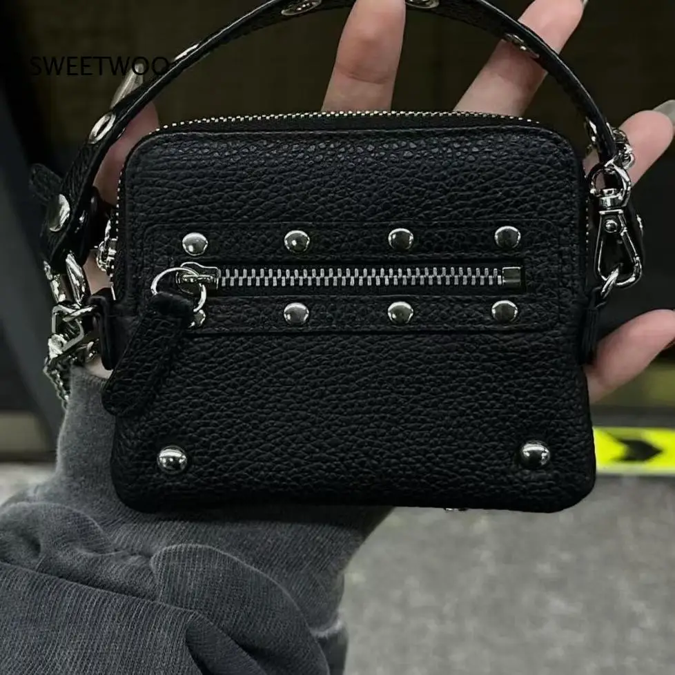 Multi Color Leopard Print Rivet Mini Crossbody Bag Metal Chain Strap Zipper Small Square Shoulder Bag for Street Punk Style