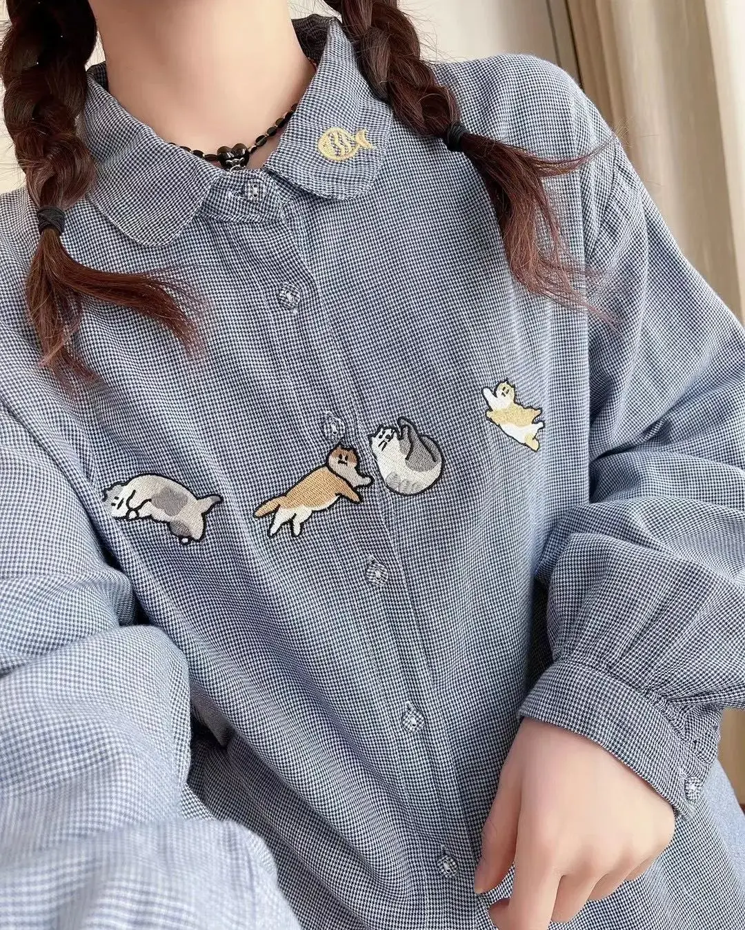 Mori kei Japanese retro cotton yarn plaid pretty women\'s blouses long sleeve shirts for women cartoon cats embroider shirts