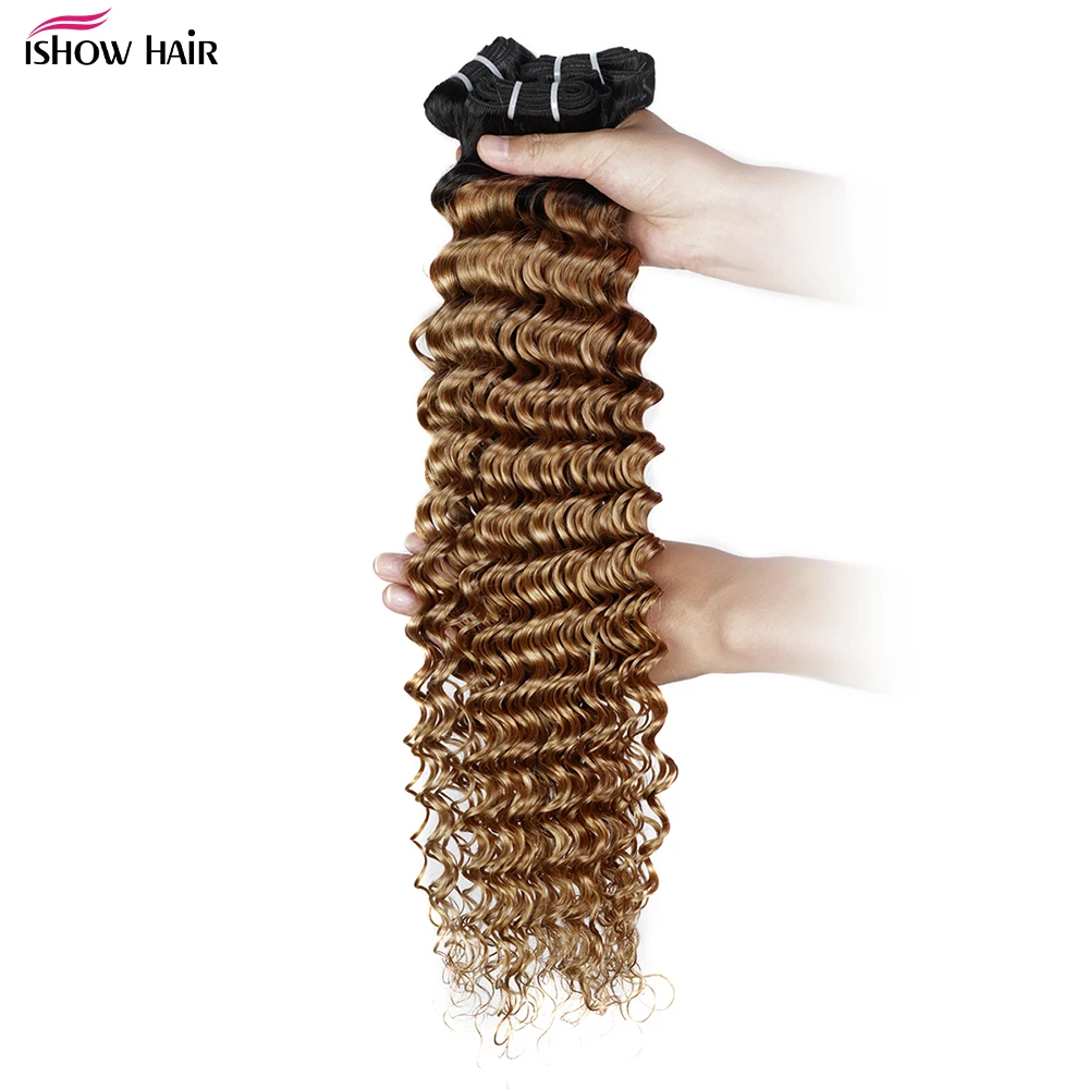 Extensiones de cabello humano brasileño Remy para mujer, mechones de ondas profundas, rubio miel degradado 1B 27, dos tonos de color