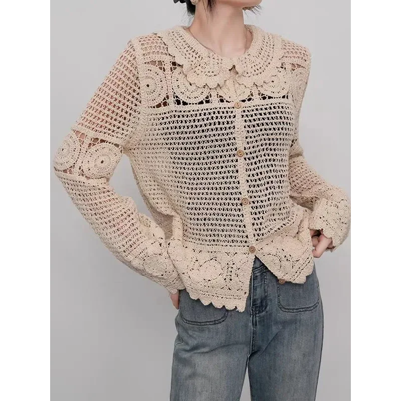 

Темпераментный вязаный кардиган с лацканами, женский свободный топ с полыми крючками