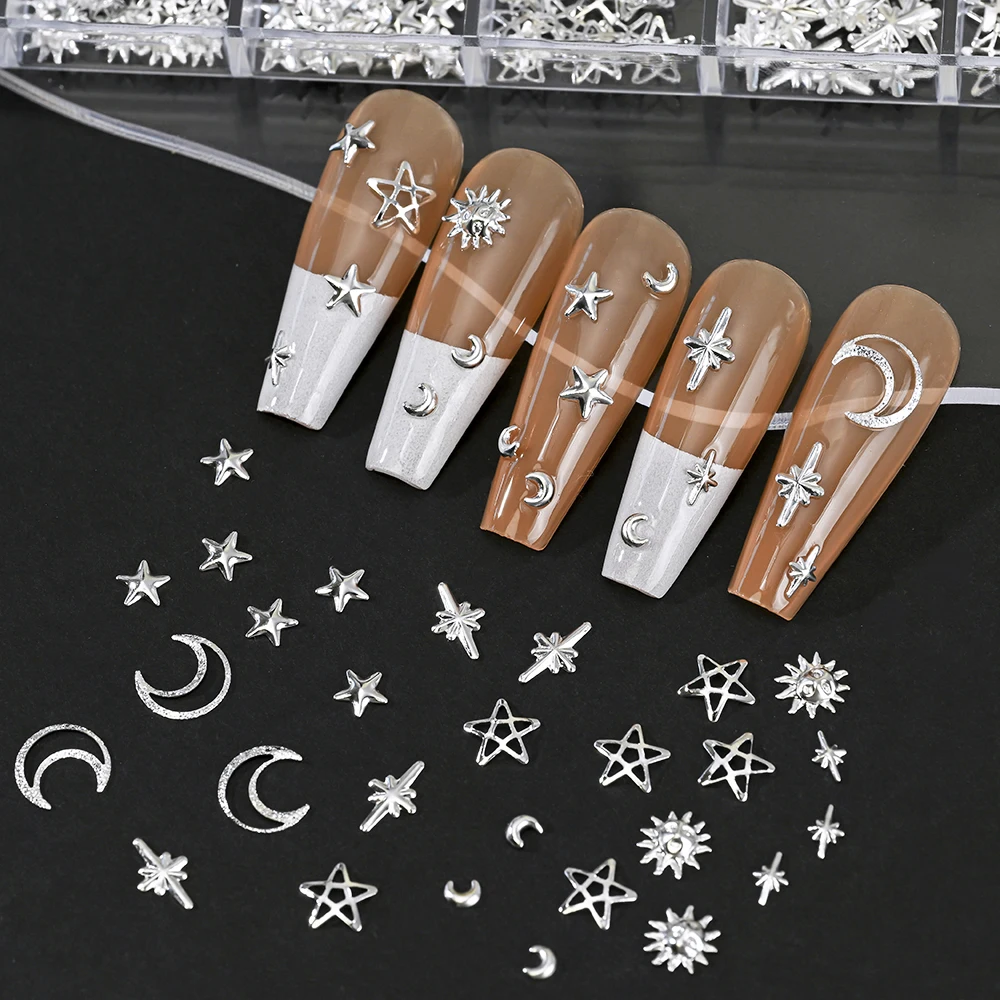 12 Grids Silver Star Moon Pentagram Nail Metal Rivets Studs 3D Tips Slice FlatBack Nail Charms Glitter Nails Jewelry Accessories