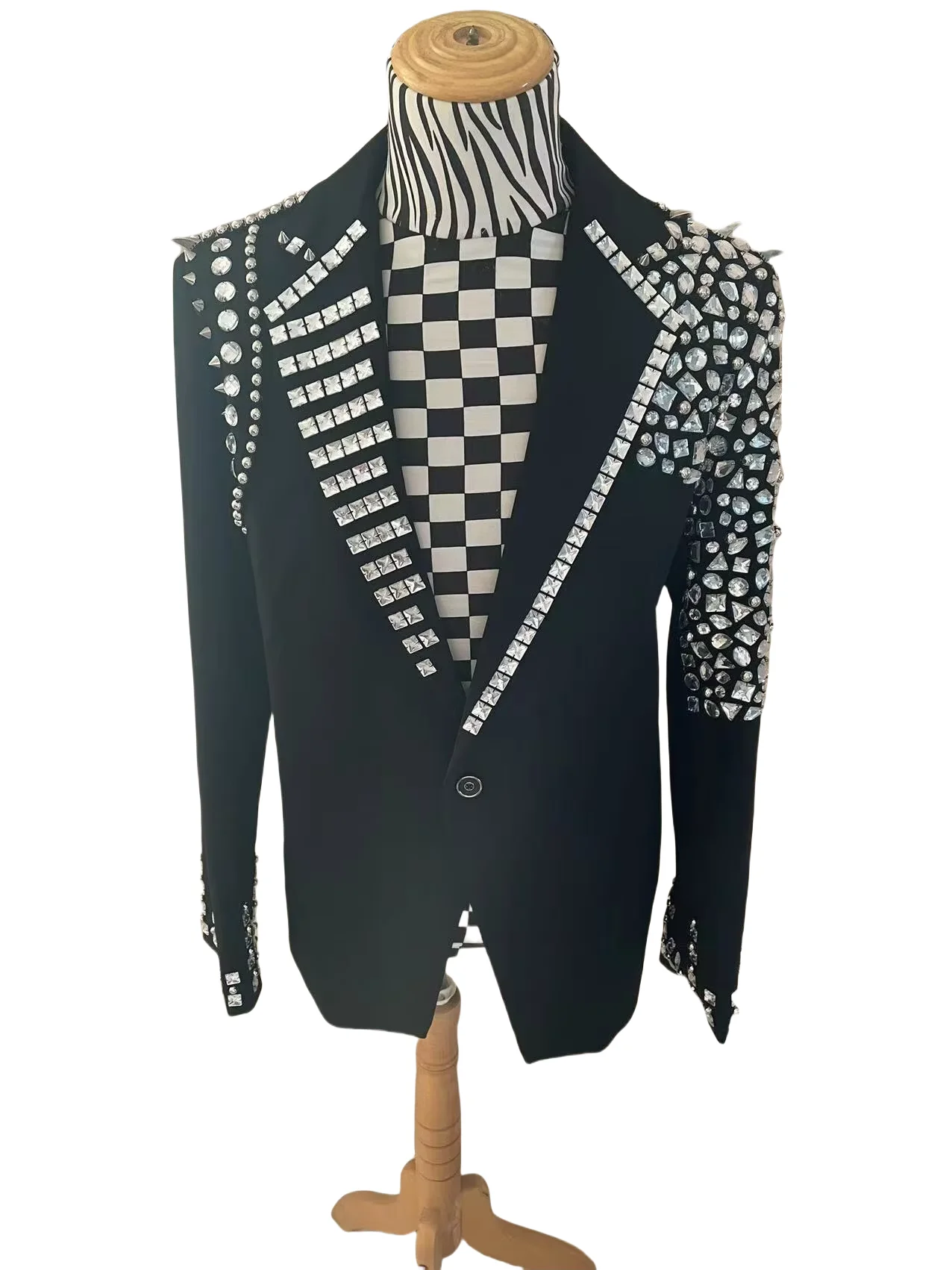 Customized Handmade Men's Crystal Rivets Suit Blazers Party Banquet Formal Dress Nightclub Male Singer Stage Performance Coat