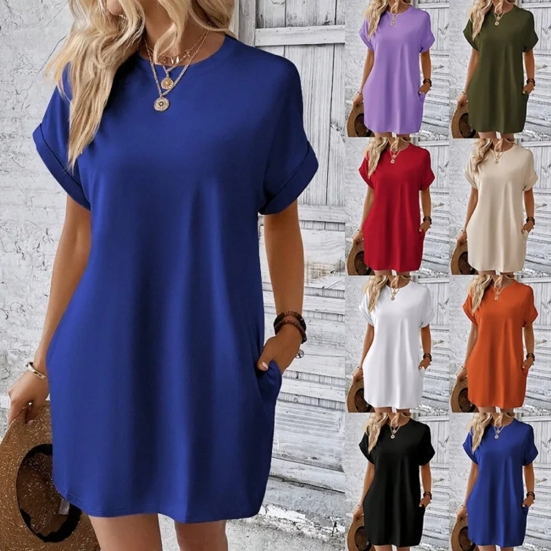 

2025 Spring and Summer New Solid Color Round Neck Loose Short Sleeve Pocket Dress European and American Women's Clothing