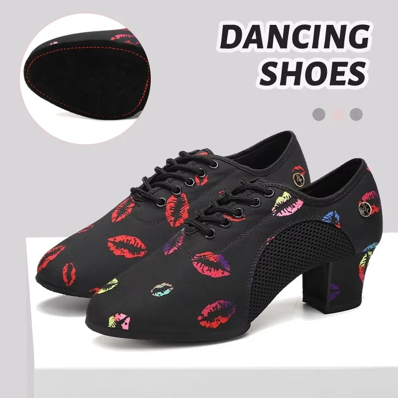 

Adult Latin dance shoes women colorful Oxford cloth soft soles international ballroom dance shoes colorful lip prints dance shoe