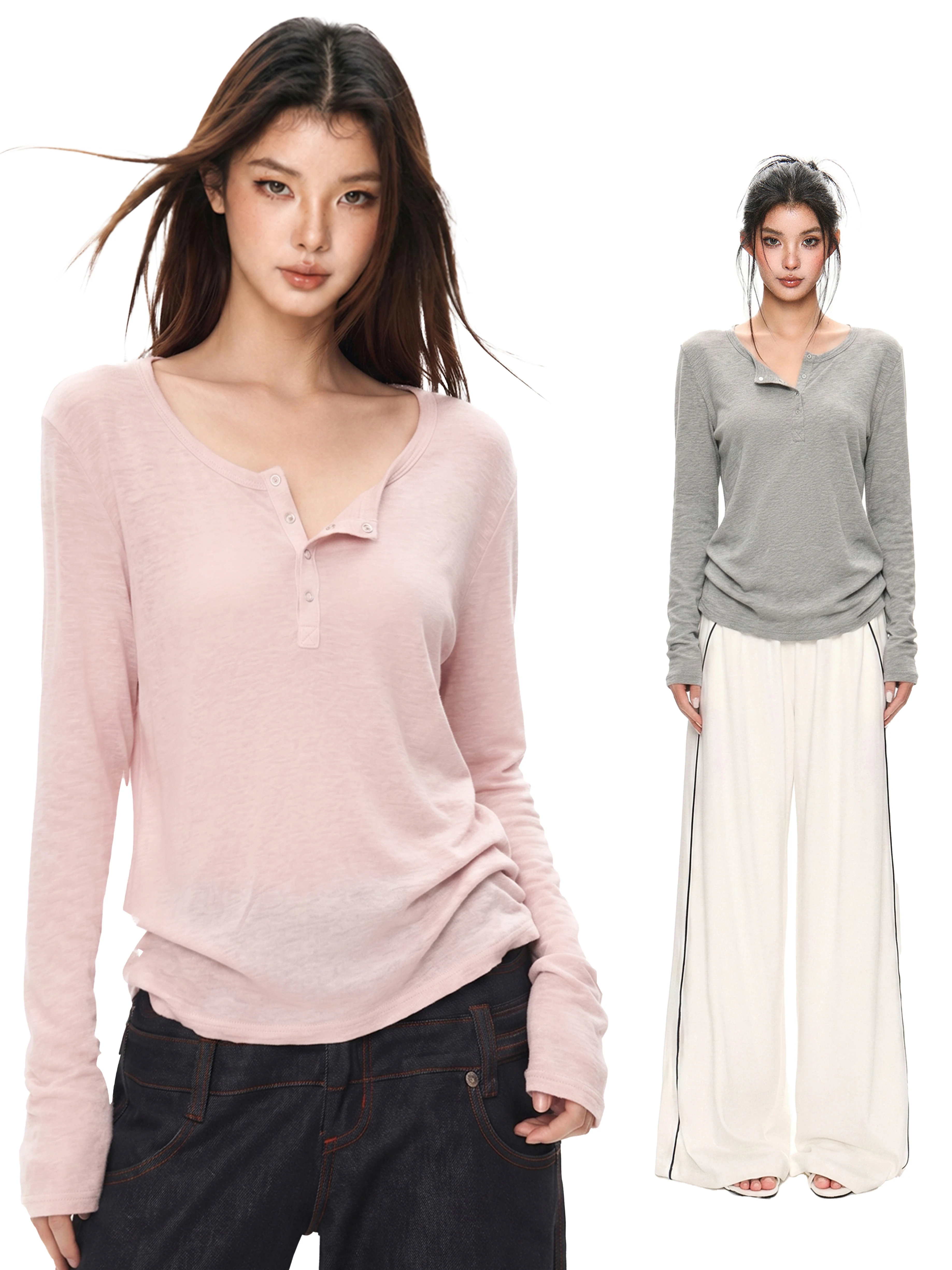 Pink Long Sleeve Henry Collar T-Shirt Women's Summer Thin Shoulder Sun Protection Top 2026 New Style Commute Fashion Ladies' Tee