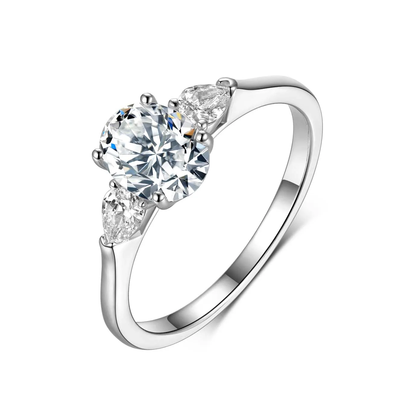 S925 silver plated 18K white gold egg shaped moissanite diamond three stone women's ring 1.5ct